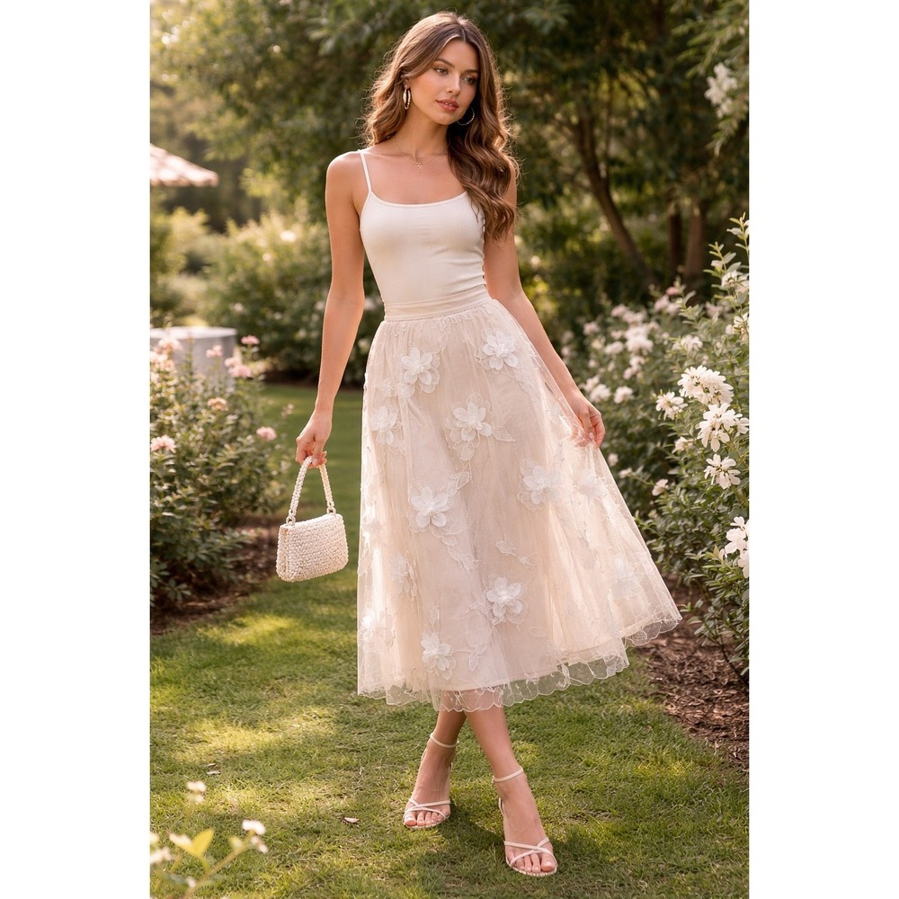 NWT Euro Romantic Floral Garden Sheer Coquette Midi Skirt Summer Feminine SZ S